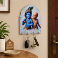 Baal Krishna Sudama Friendship Wooden Key Holder Wall Mount 4 Hooks Home Decor Gift