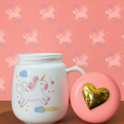 Unicorn Ceramic Mug with Pink Heart Lid | Cute Milk Coffee Mug for Girls (Design and colour may vary)