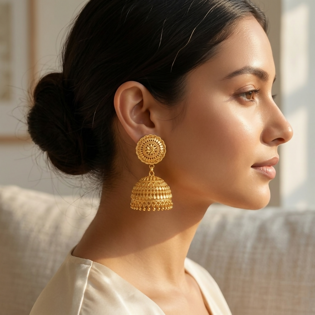 Close-up of intricate gold jhumka earring