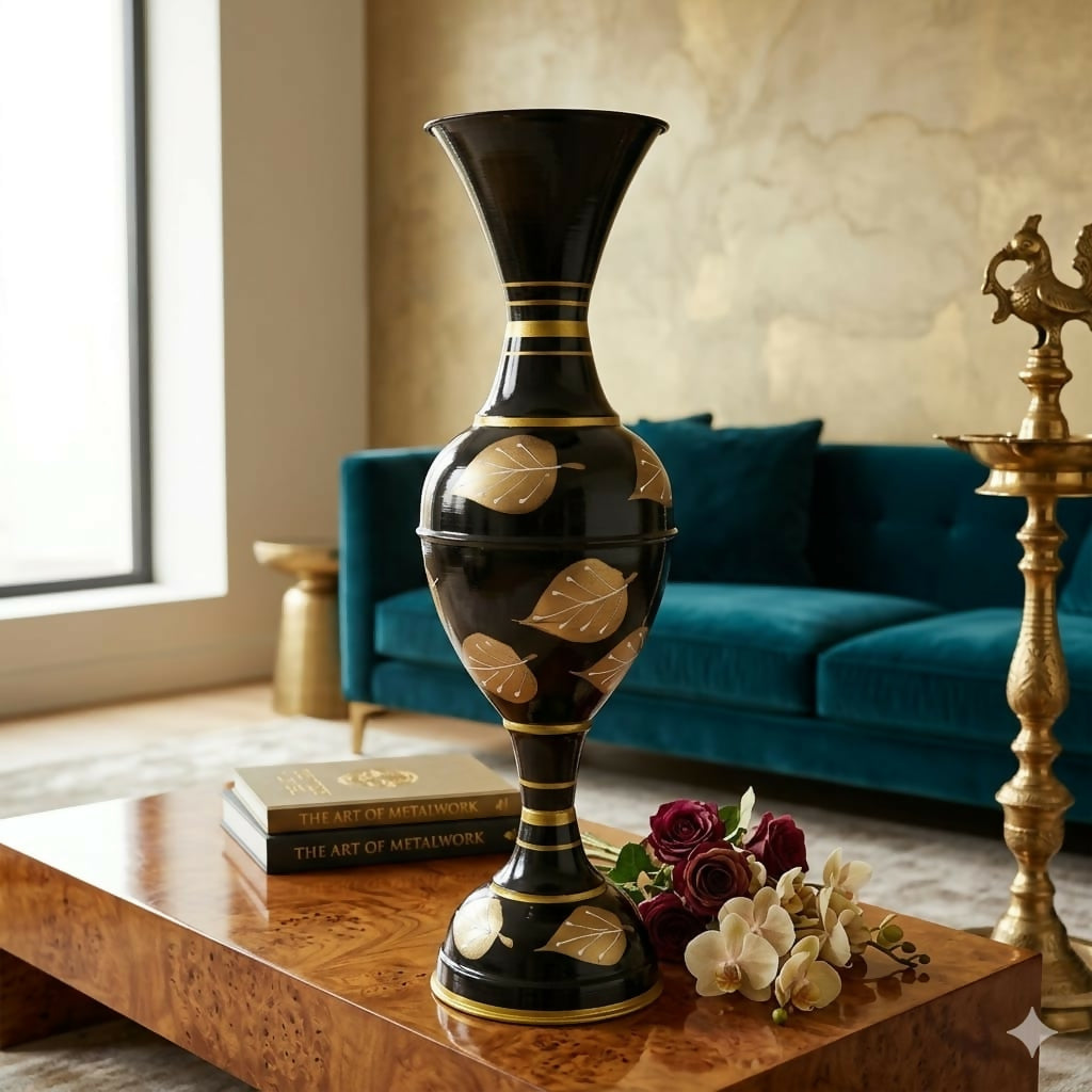 Elegant metal floor vase beside console table