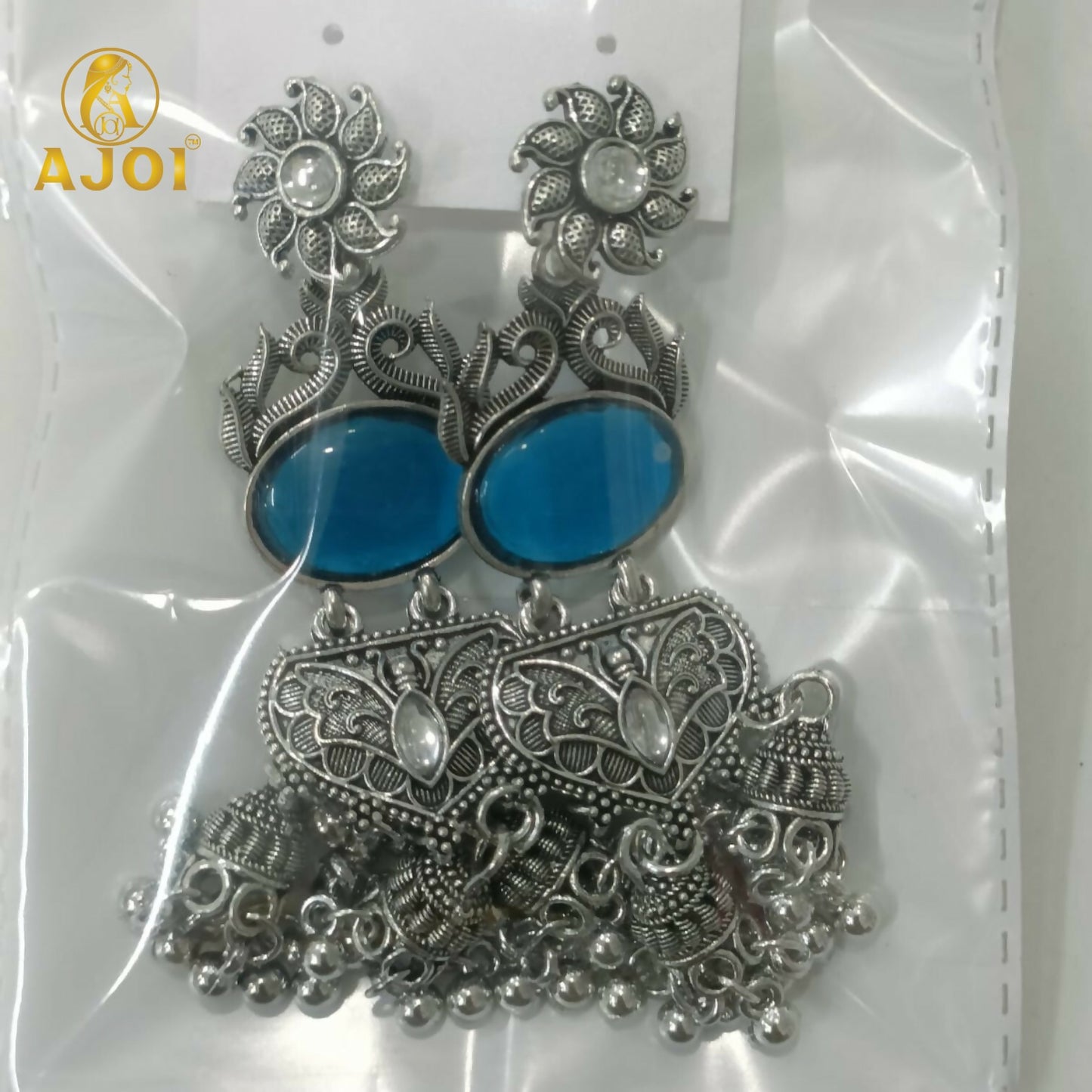Handcrafted Oxidized Silver Turquoise Stone Jhumka Earrings with Intricate Filigree Work and Multi-Drop Danglers
