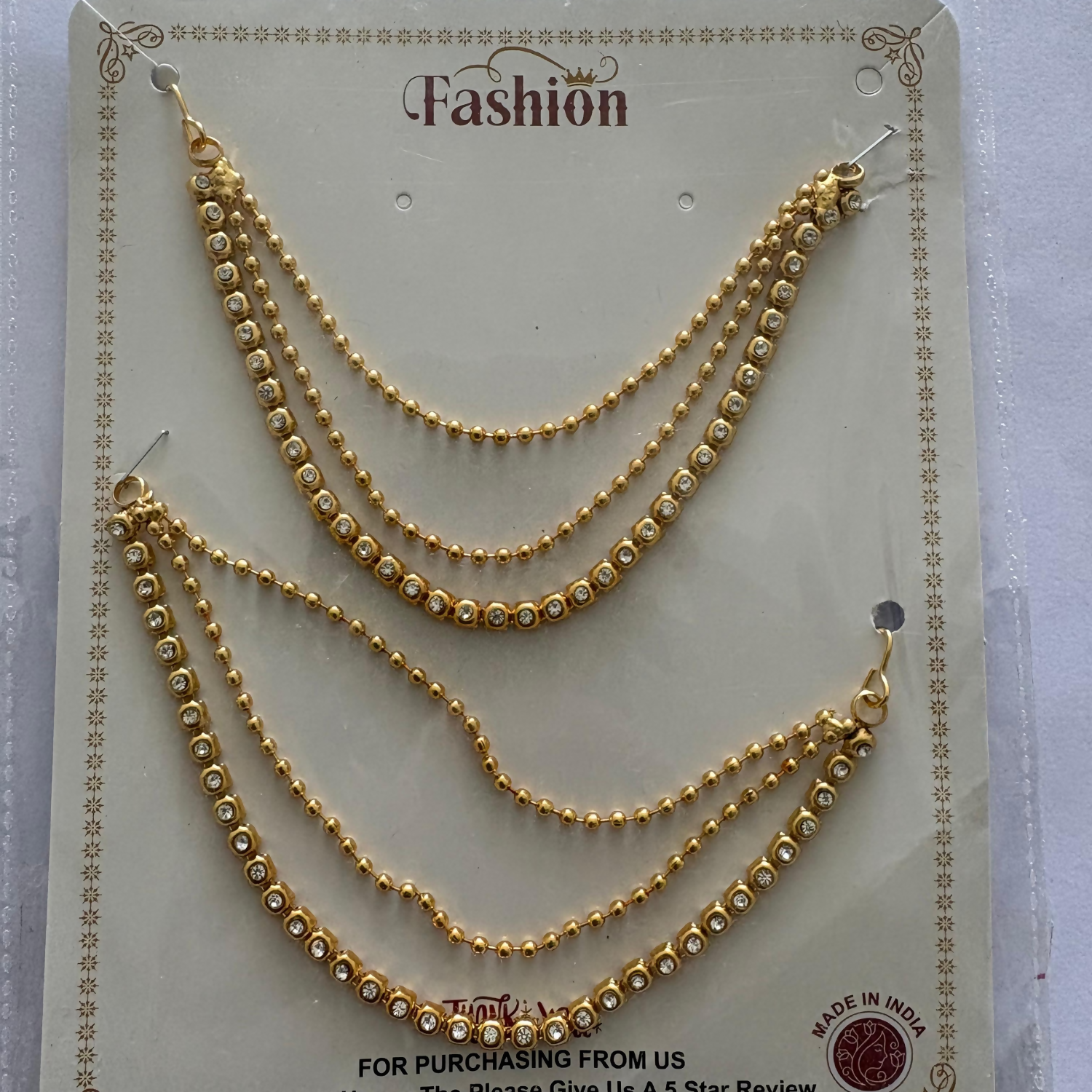 High Quality Gold Plated Triple Strand Ear Chains for Weddings (White)