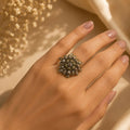 Vintage Floral Statement Ring – Elegant Antique Gold with Crystals