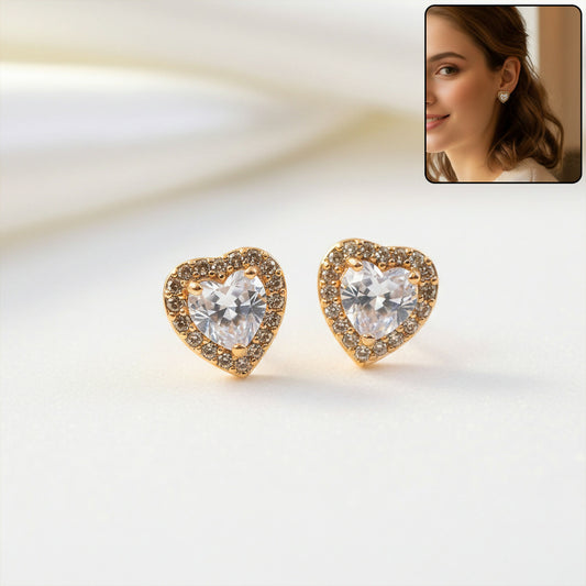 Heart shape crystal stud earrings front view showing elegant sparkle