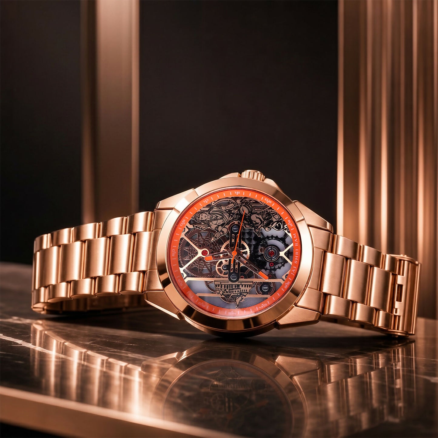 Jai Shri Ram rose gold analog watch on wrist