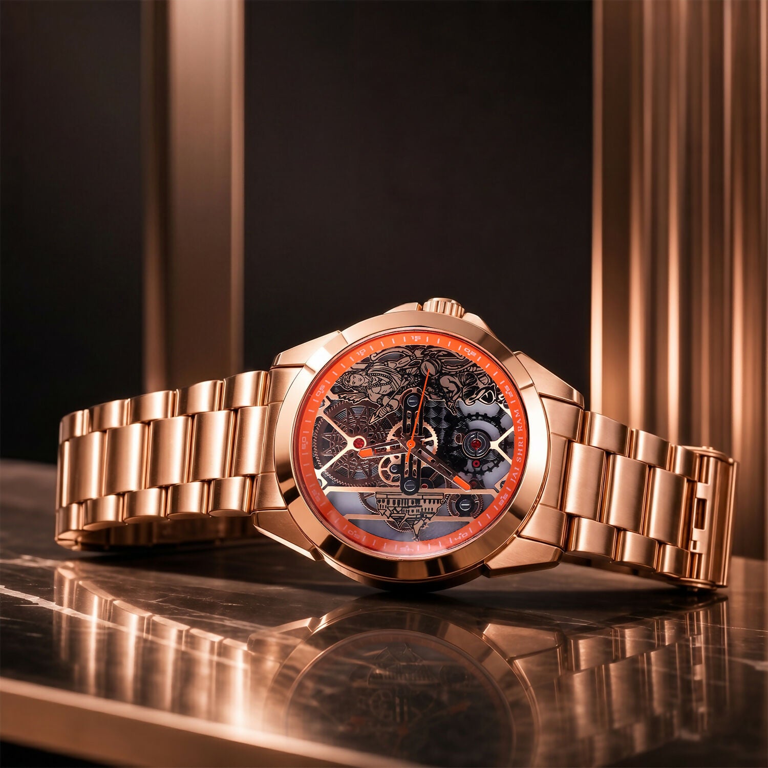 Jai Shri Ram rose gold analog watch on wrist