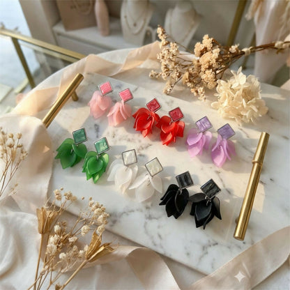 Premium Acrylic Petal Drop Earrings with Square Stud Top – Multicolor Fashion Collection (Pack Of 6)