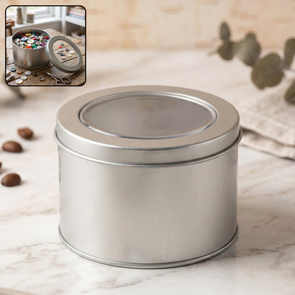 Round metal storage tin box with clear window lid, ideal for organising jewelry and gifts.