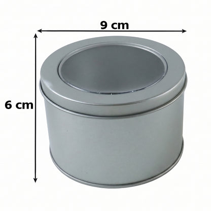 Small round metal tin box with see-through lid, perfect for organising craft supplies.