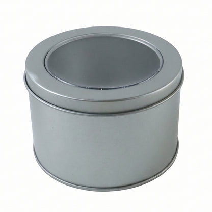 Sturdy metal storage tin with clear window lid, versatile for home or office use.