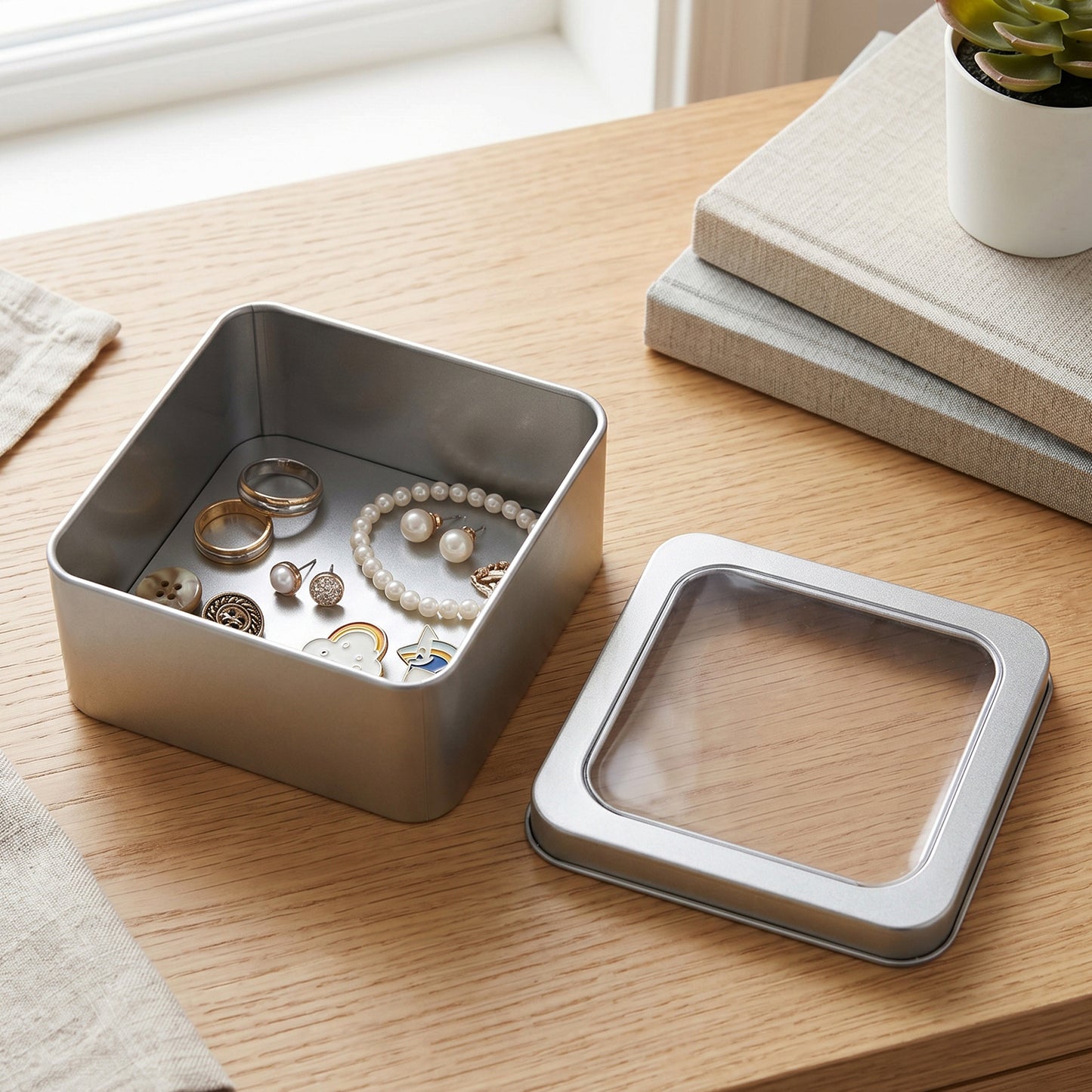 Multi-angle views of square metal storage tin box with secure lid