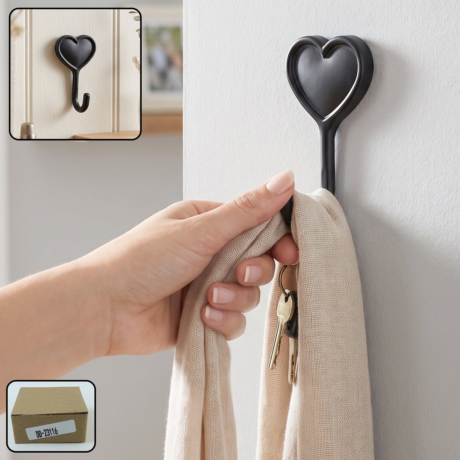 Heavy Duty Self Adhesive Wall Hook Heart Shape Key and Scarf Hanger (1 Pc)