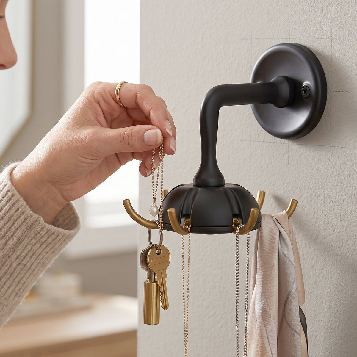 A hand places a pearl necklace on a black wall-mounted hook with keys and a scarf hanging from it.
