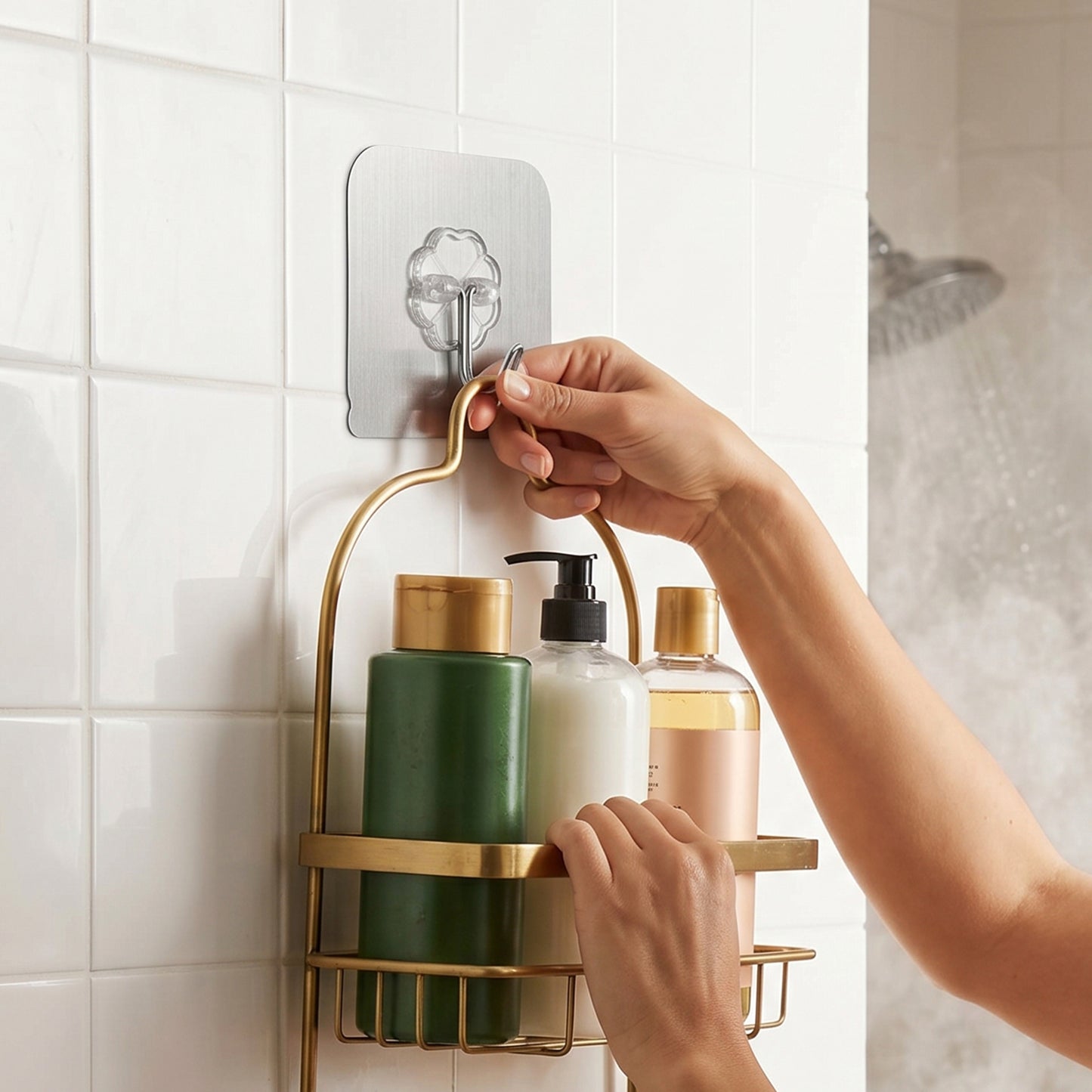Stainless steel adhesive wall hook attached to surface