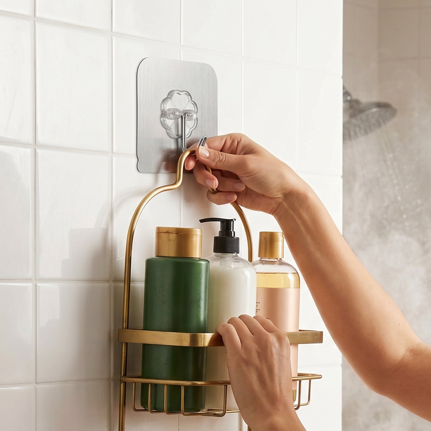 Stainless steel adhesive wall hook attached to surface