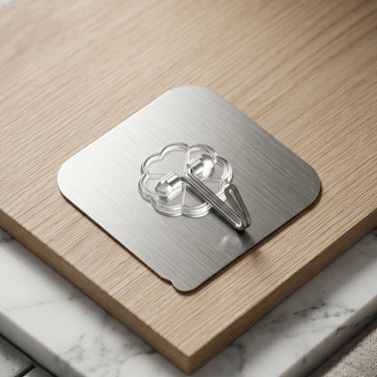 Side view of adhesive metal hook on smooth surface