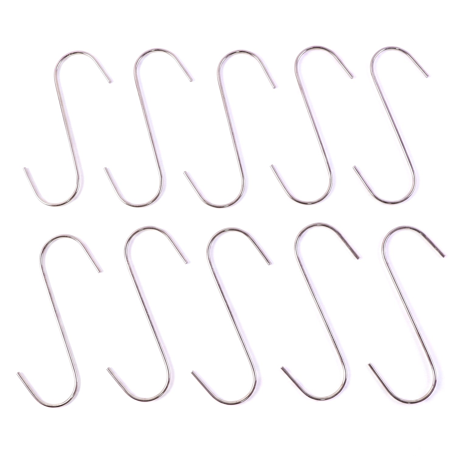 Sturdy metal S hook used for kitchen utensils and garden tools.
