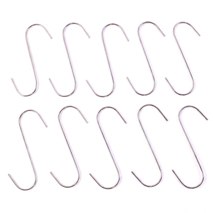 Sturdy metal S hook used for kitchen utensils and garden tools.