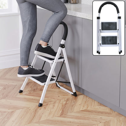 2 Step Folding Ladder with Padded Handrail Anti Slip Steel Step Stool (1 Pc)