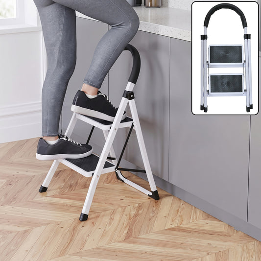 2 Step Folding Ladder with Padded Handrail Anti Slip Steel Step Stool (1 Pc)