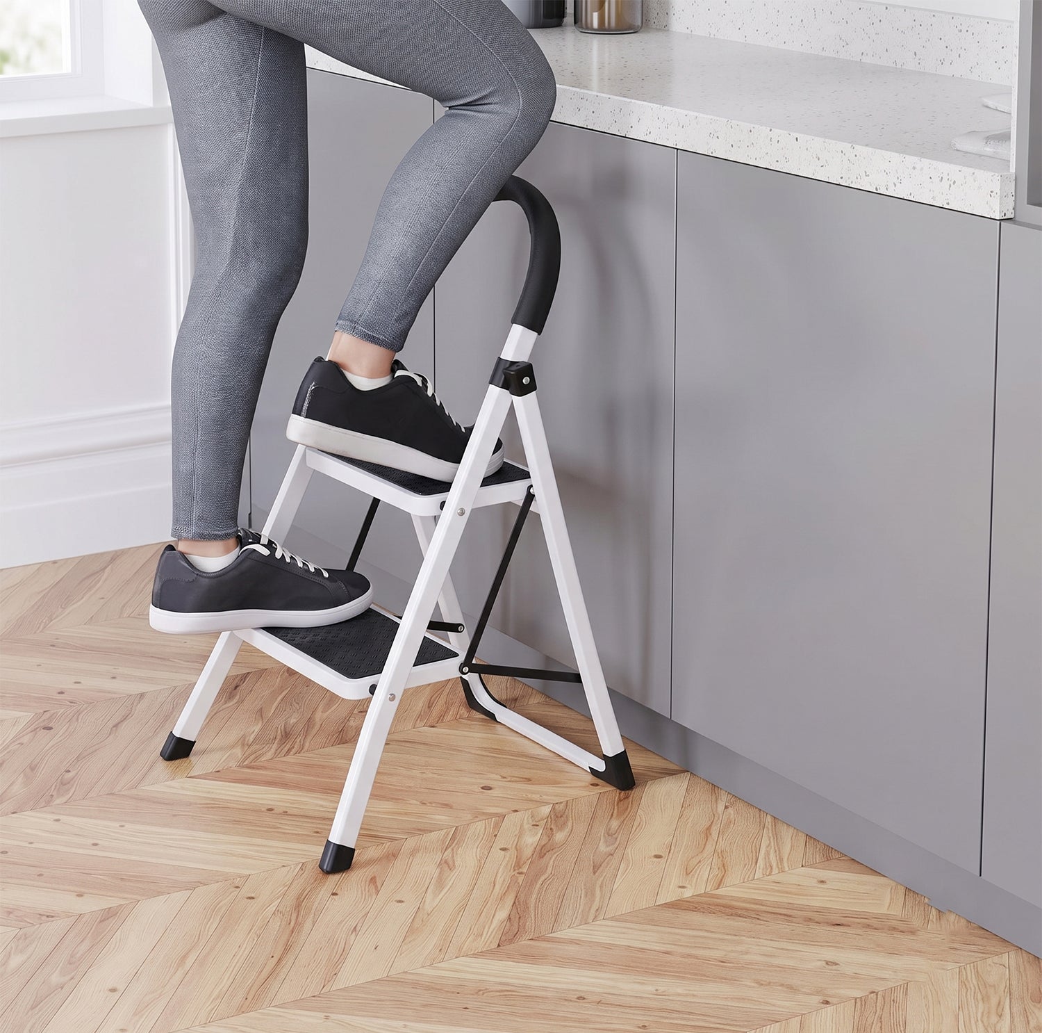 2 Step Folding Ladder with Padded Handrail Anti Slip Steel Step Stool (1 Pc)