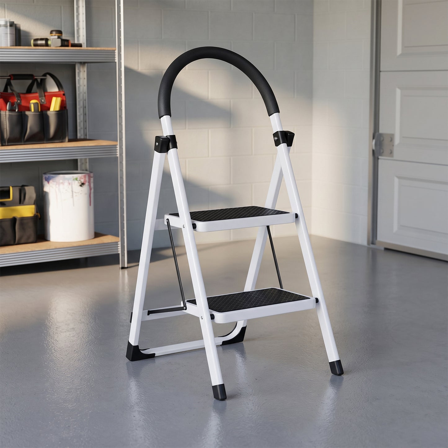 2 Step Folding Ladder with Padded Handrail Anti Slip Steel Step Stool (1 Pc)