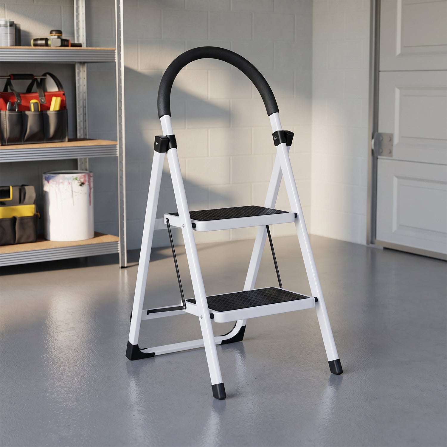2 Step Folding Ladder with Padded Handrail Anti Slip Steel Step Stool (1 Pc)