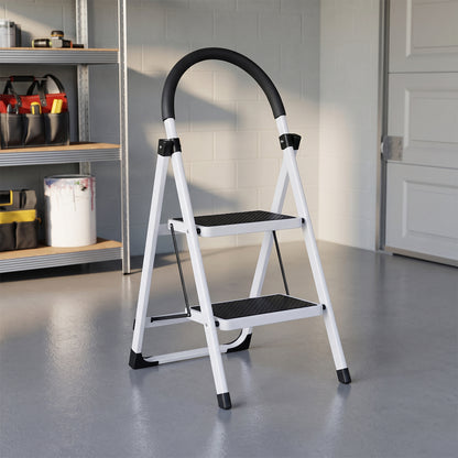 2 Step Folding Ladder with Padded Handrail Anti Slip Steel Step Stool (1 Pc)