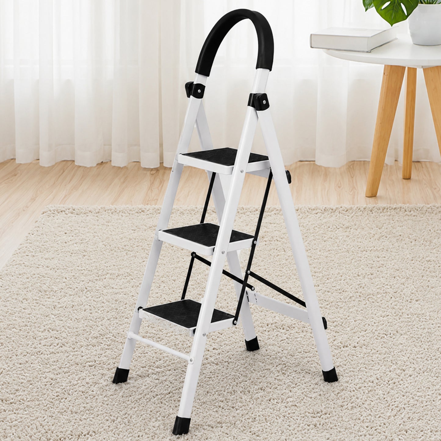 3 Step Folding Ladder with Padded Handrail Anti Slip Steel Step Stool (1 Pc)