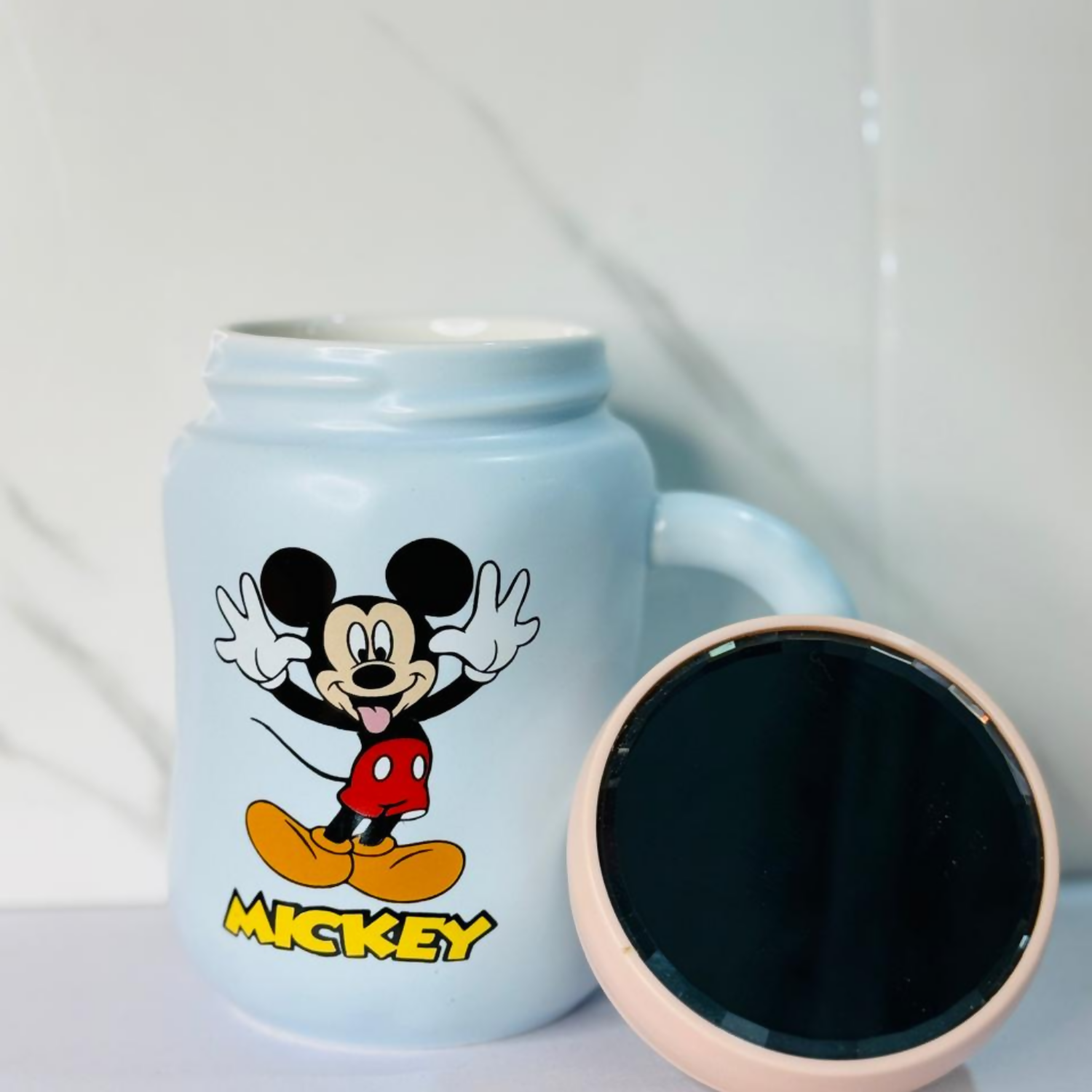 Light Blue Ceramic Cartoon Mug with Lid – Cute Character Print Coffee & Tea Cup – 350 ml Matte & Glossy Combo Finish – Ideal Gift for Kids & Adults