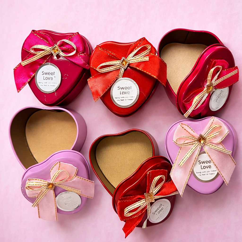 Heart Shape Metal Gift Box Pack of 6 with Ribbon | Reusable Decorative Tin