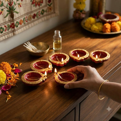 A hand placing a lit red and gold diya on a wooden surface with other lit diyas, oil, wicks, and flowers.