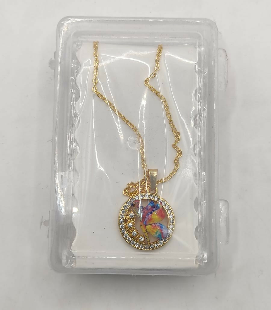Gold Butterfly Pendant Necklace - Colorful Crystal Circle For women and girls