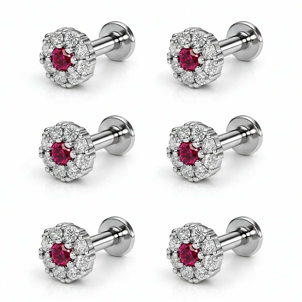 Ruby centre stone in silver-plated nose pin flat back stud