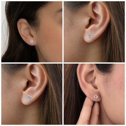 Close-up of heart hoop silver tone stud earrings with CZ stones
