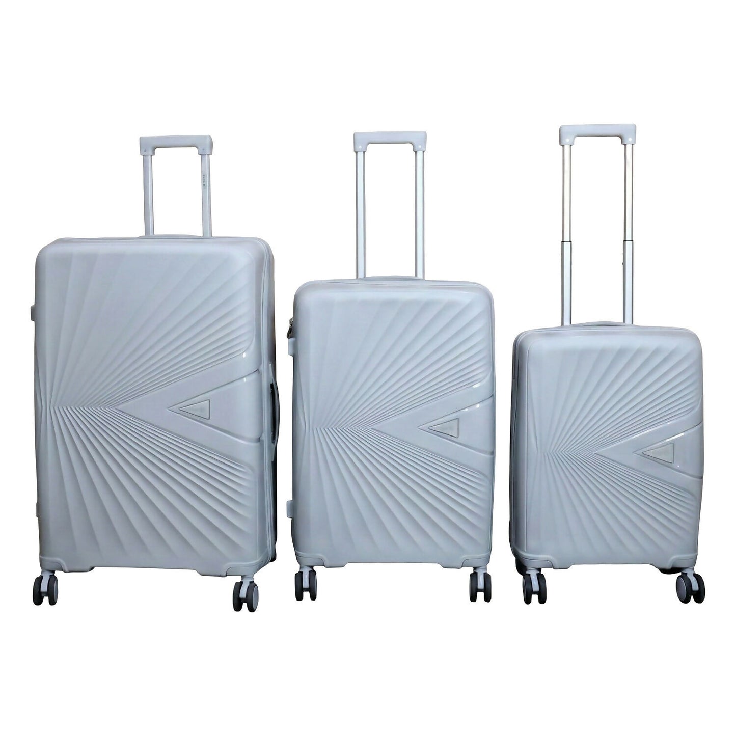 Exterior view of grey hard shell, lightweight travel luggage for frequent trips