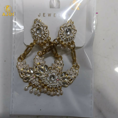 Antique Gold-Plated White Stone & Pearl Floral Chandbali Earrings for Women