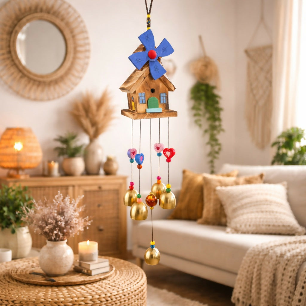 Wooden House Wind Chime with Hanging Bells for Balcony, Garden & Home Decor