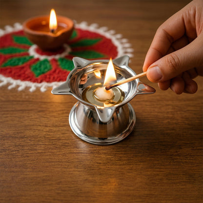 Silver Star Shaped Oil Diya Lamp for Pooja & Festival Decoration