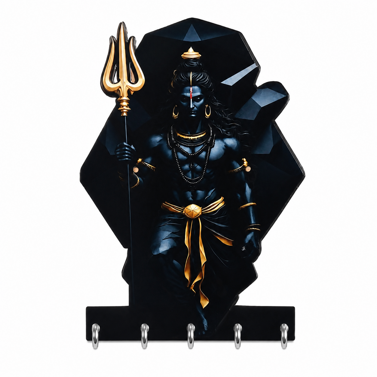 Angled view of Mahadev wooden key holder, showcasing design & hooks