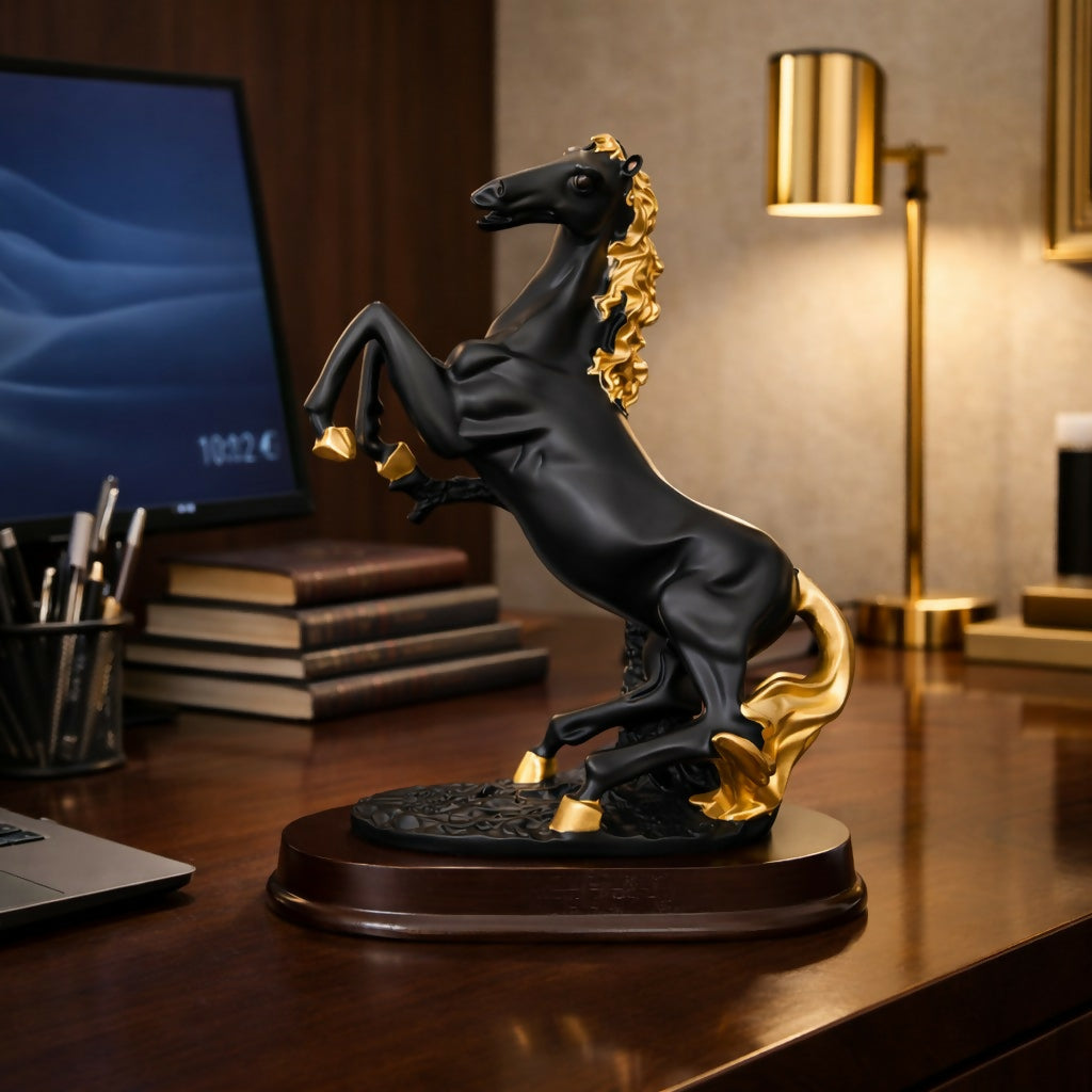 Black gold rearing horse statue front view