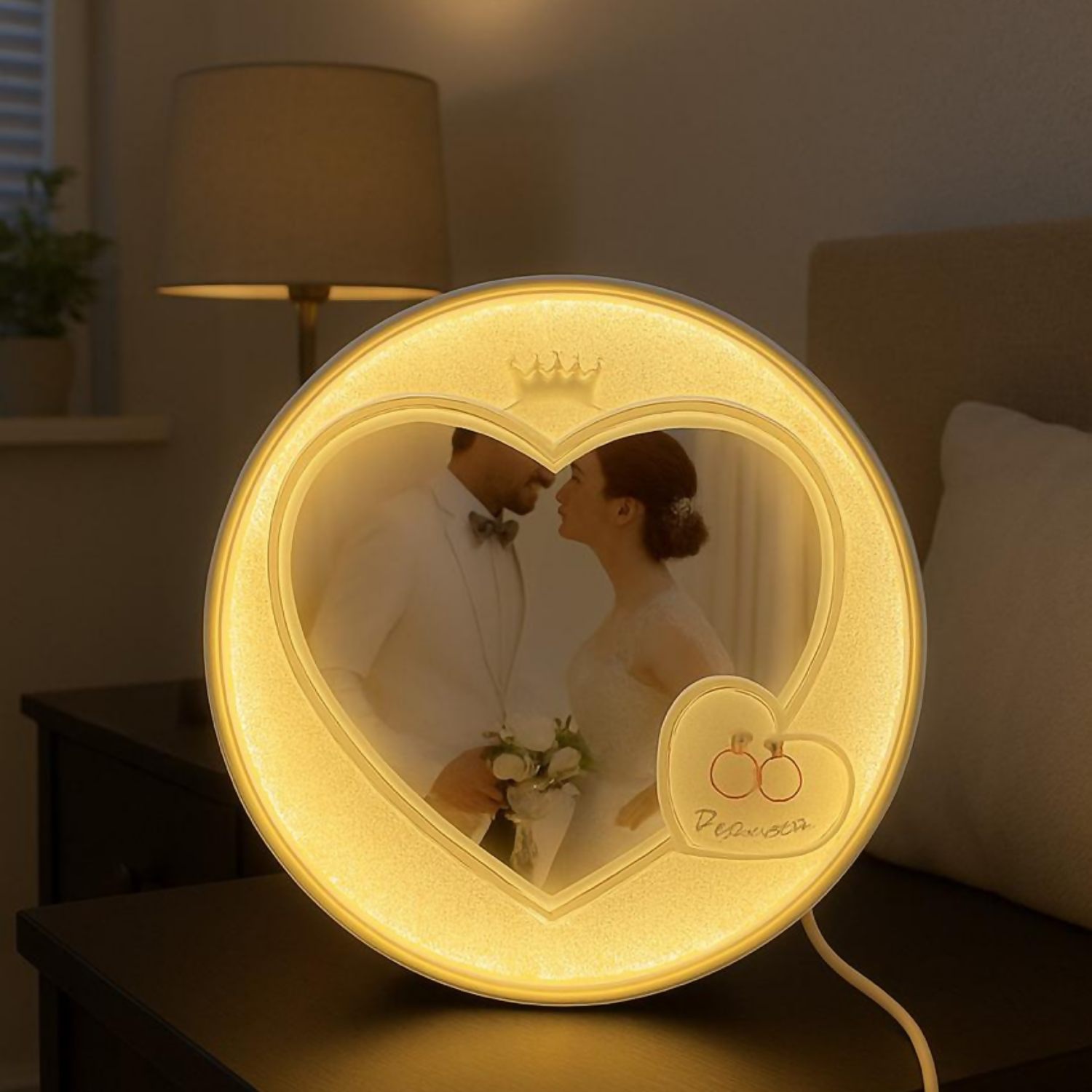 Romantic Heart-Shape LED Photo Frame Night Lamp for Bedroom | Warm Light Customized Photo Frame Lamp for Couples, Wedding Gifts, Anniversary & Home Decor | Crown Design Love Lamp with USB Power – Tabletop Decorative Light