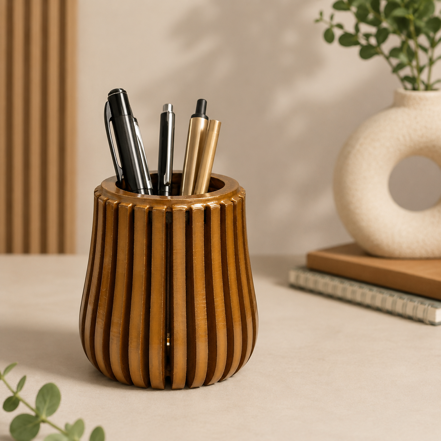 Angled view of the compact brown wooden pen holder showcasing its space-saving design.