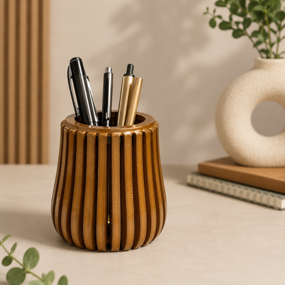 Angled view of the compact brown wooden pen holder showcasing its space-saving design.