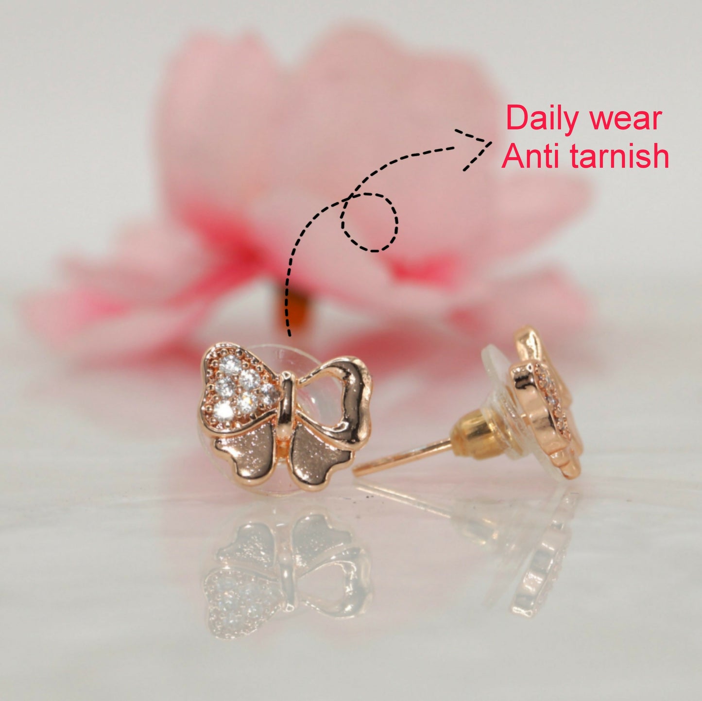 Rose Gold Plated AD Diamond Bowknot Stud Earrings for women and girls AD for women and girls
