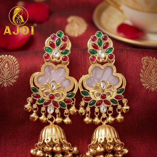 Elegant kundan floral jhumka earrings with vibrant stones and gold finish