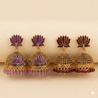 Lotus Meenakari Jhumka Earrings Combo Pack Set of 2 Pairs for Women Plum Maroon