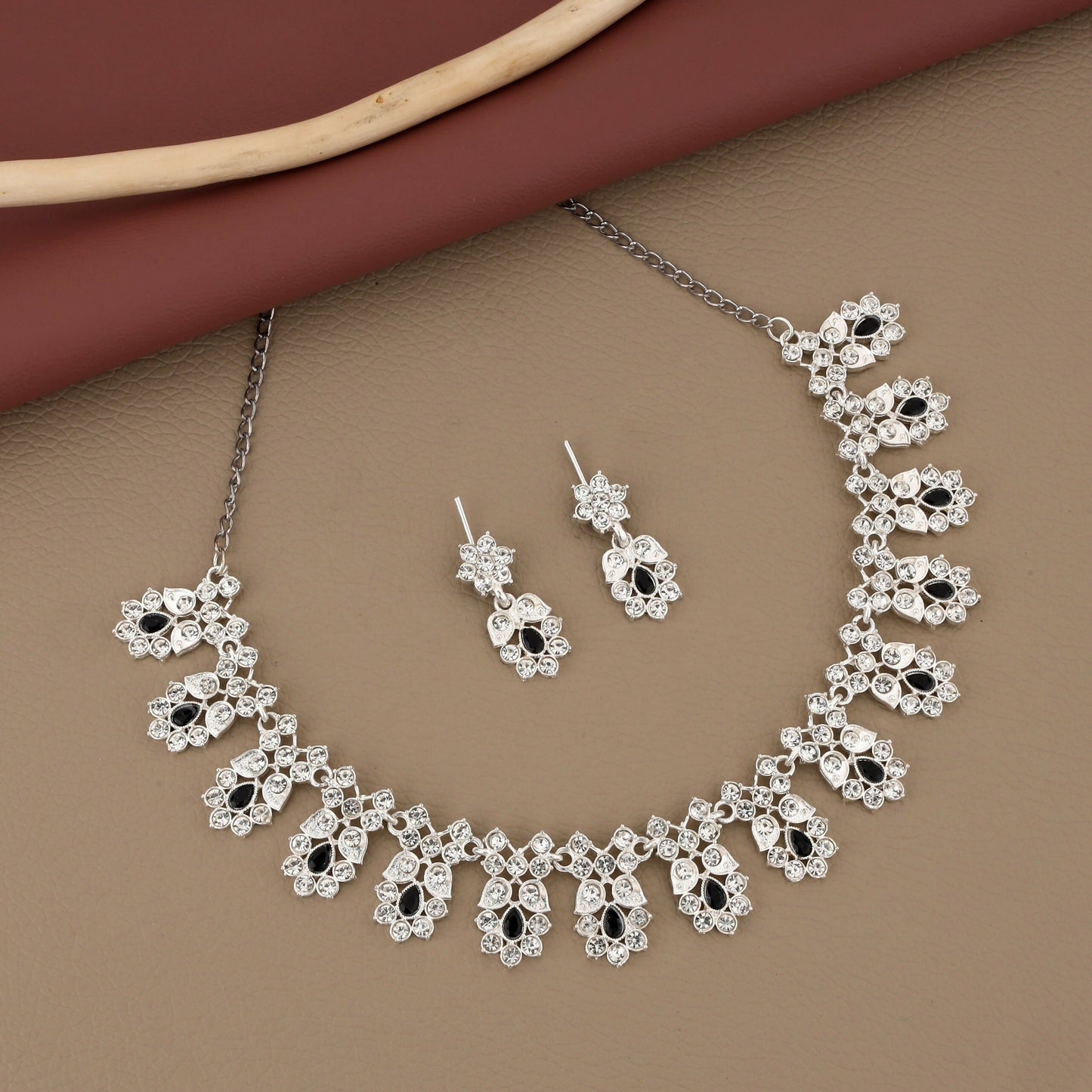 Elegant Silver-Toned American Diamond & Black Stone Set