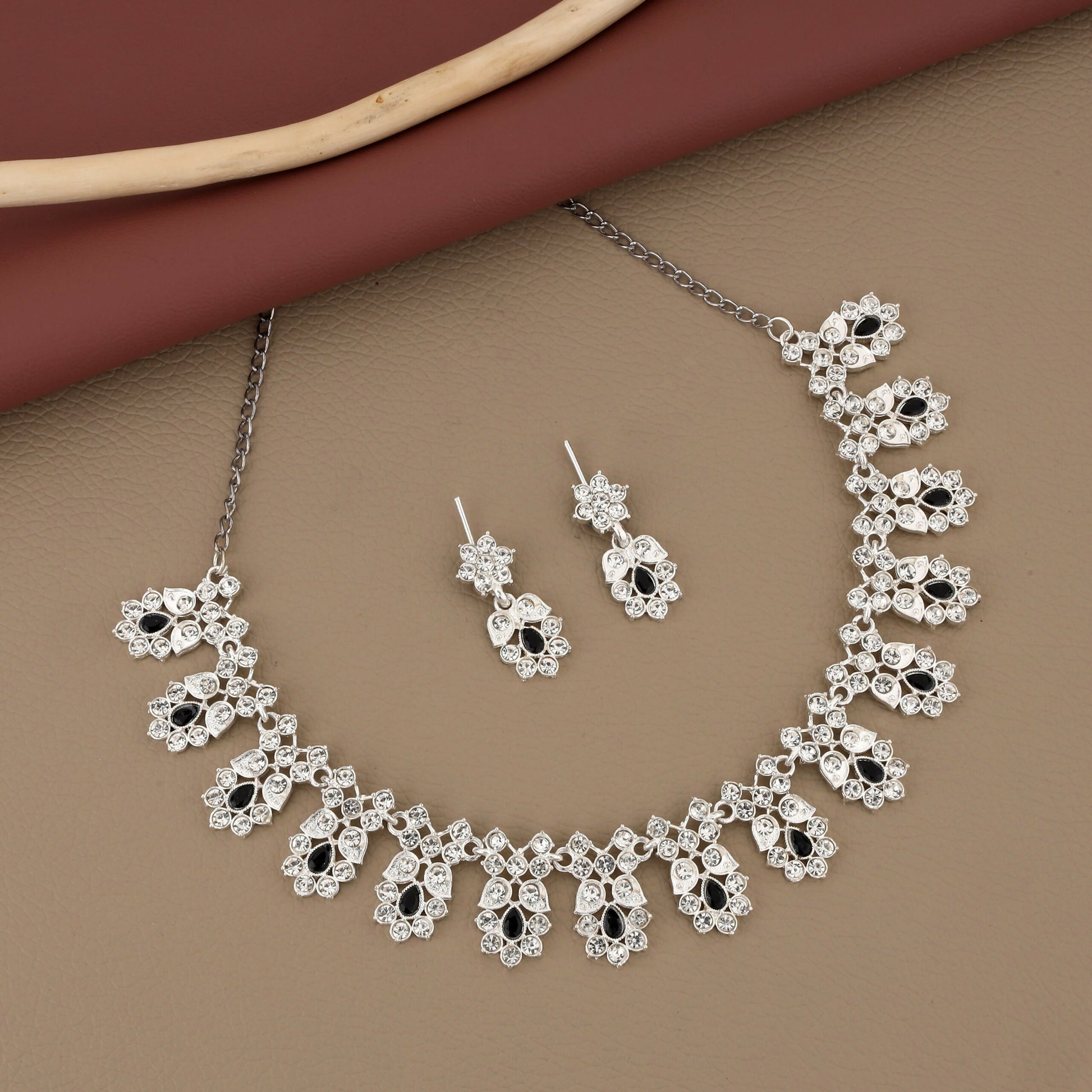 Elegant Silver-Toned American Diamond & Black Stone Set