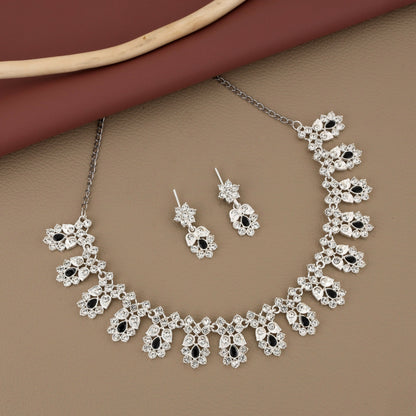 Elegant Silver-Toned American Diamond & Black Stone Set